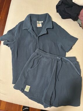 Waffle Knit Collar Top & Drawstring Shorts Set - Slate Blue